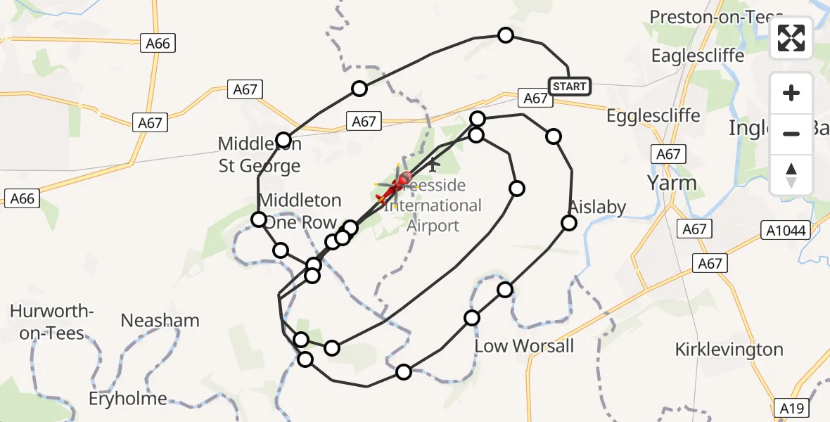 Flight route Air Ambulance Helicopter Egglescliffe - Teesside International Airport, 21 August 2026, 10:38