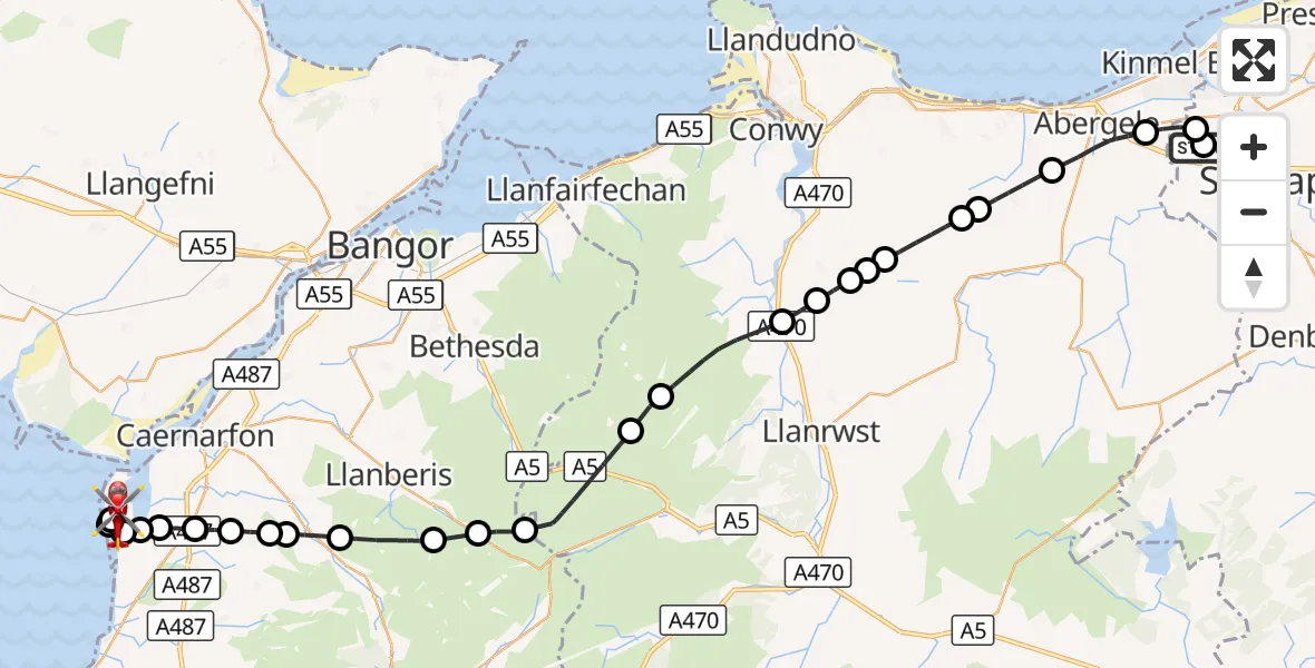 Flight route Air Ambulance Helicopter Ysbyty Glan Clywd Hospital Heliport - Caernarfon Airport, 21 August 2026, 10:40