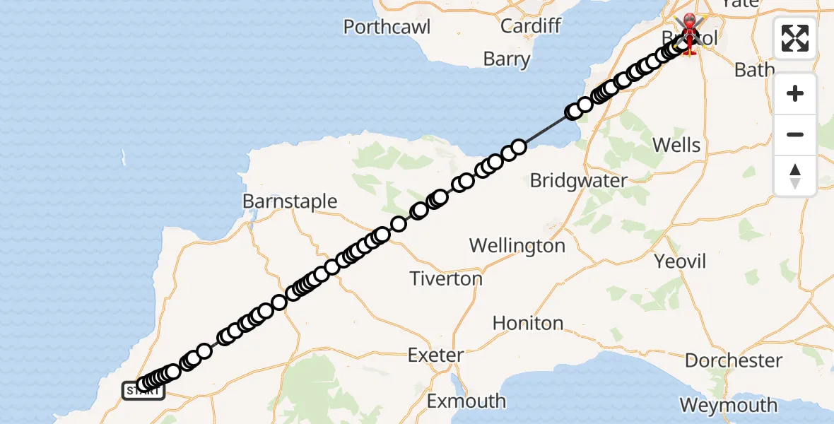 Flight route Air Ambulance Helicopter Trevivian - Bristol Royal Infirmary, 21 August 2026, 10:42