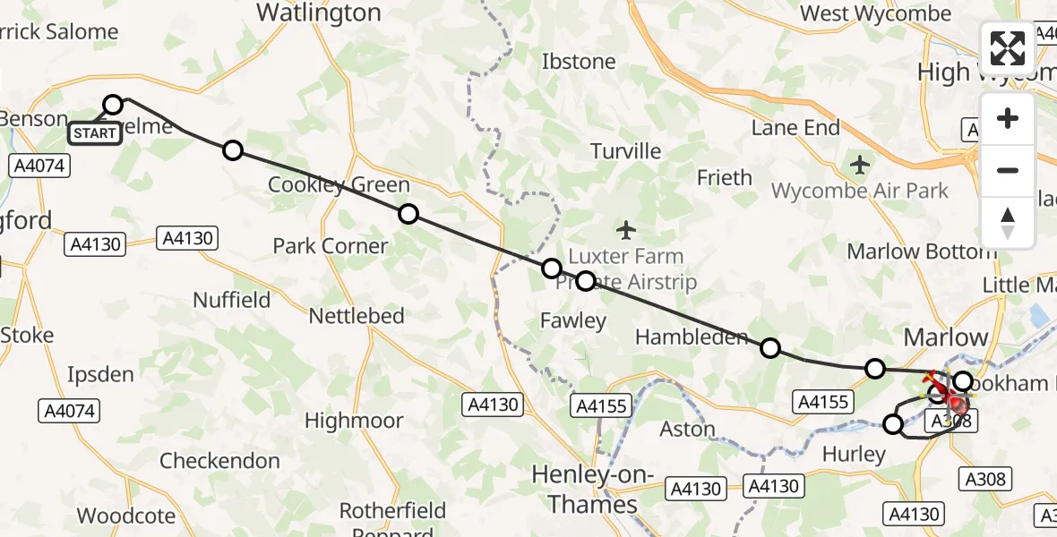 Flight route Air Ambulance Helicopter RAF Benson - Bisham, 21 August 2026, 10:46