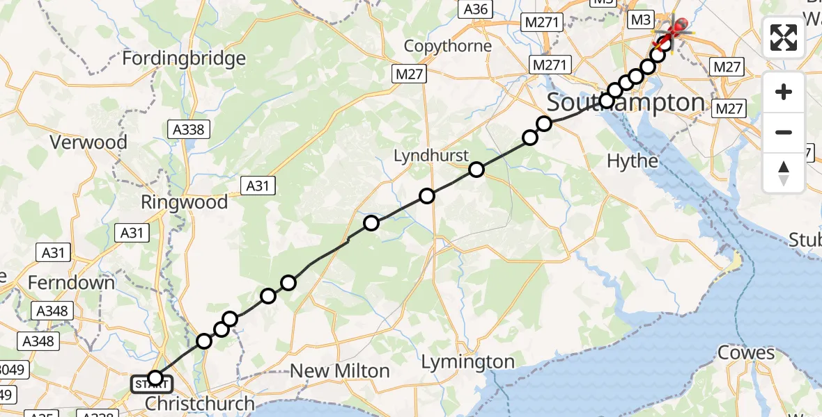 Flight route Air Ambulance Helicopter Royal Bournemouth Hospital - Mansbridge, 21 August 2026, 10:47