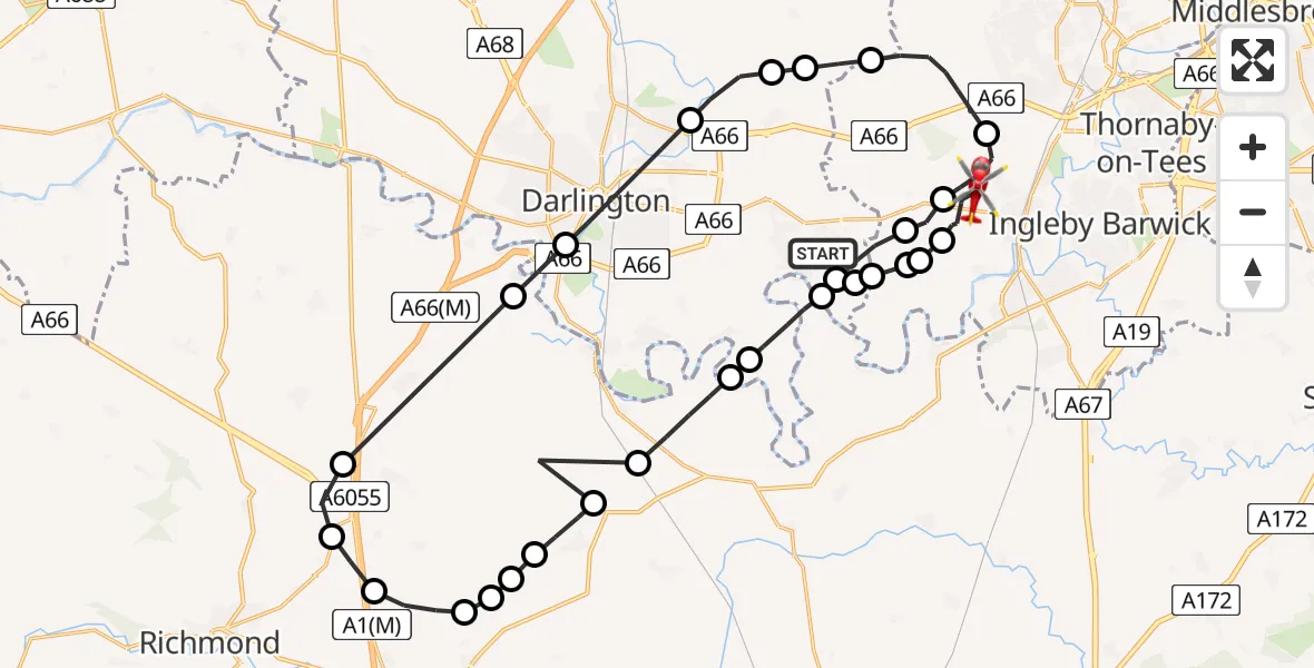 Flight route Air Ambulance Helicopter Middleton One Row - Egglescliffe, 21 August 2026, 11:04