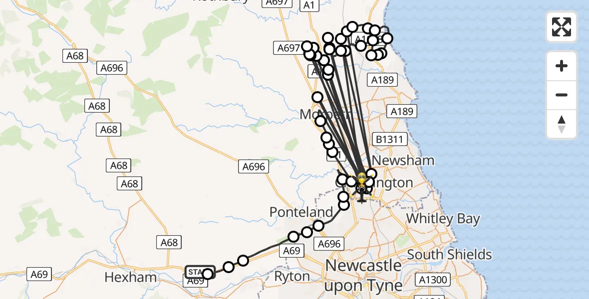 Flight route Police Helicopter Bywell - Cramlington, 21 August 2026, 11:05