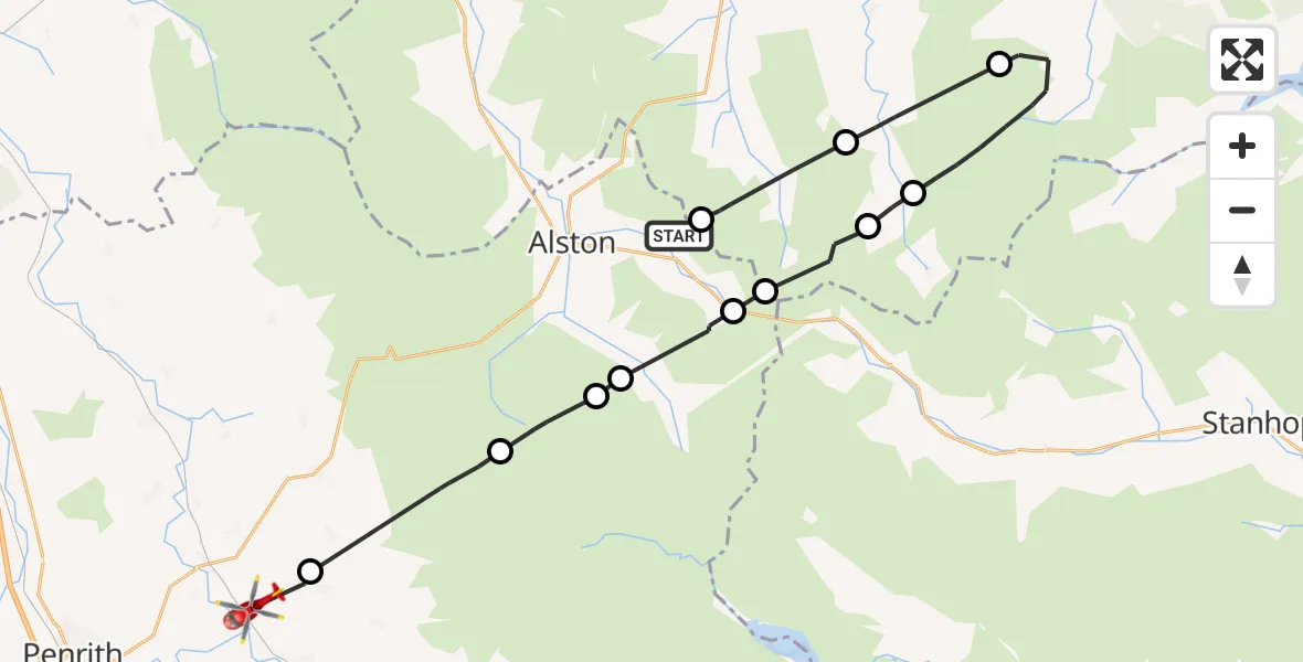 Flight route Air Ambulance Helicopter Alston Moor - Culgaith, 21 August 2026, 11:13