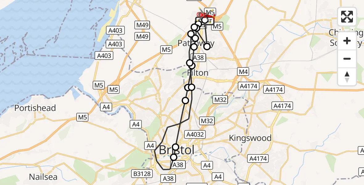 Flight route Air Ambulance Helicopter Almondsbury Helicopter Base - Almondsbury Helicopter Base, 21 August 2026, 11:26