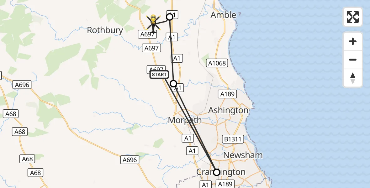 Flight route Police Helicopter Longhorsley - Longframlington, 21 August 2026, 11:51