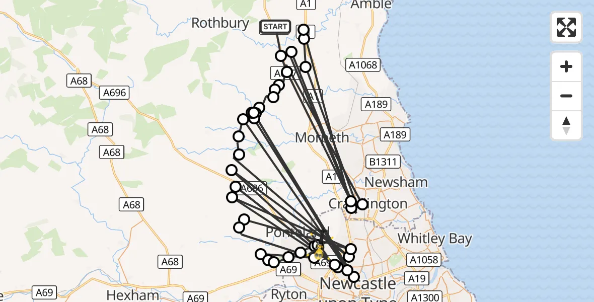 Flight route Police Helicopter Longframlington - Newcastle International Airport, 21 August 2026, 11:57