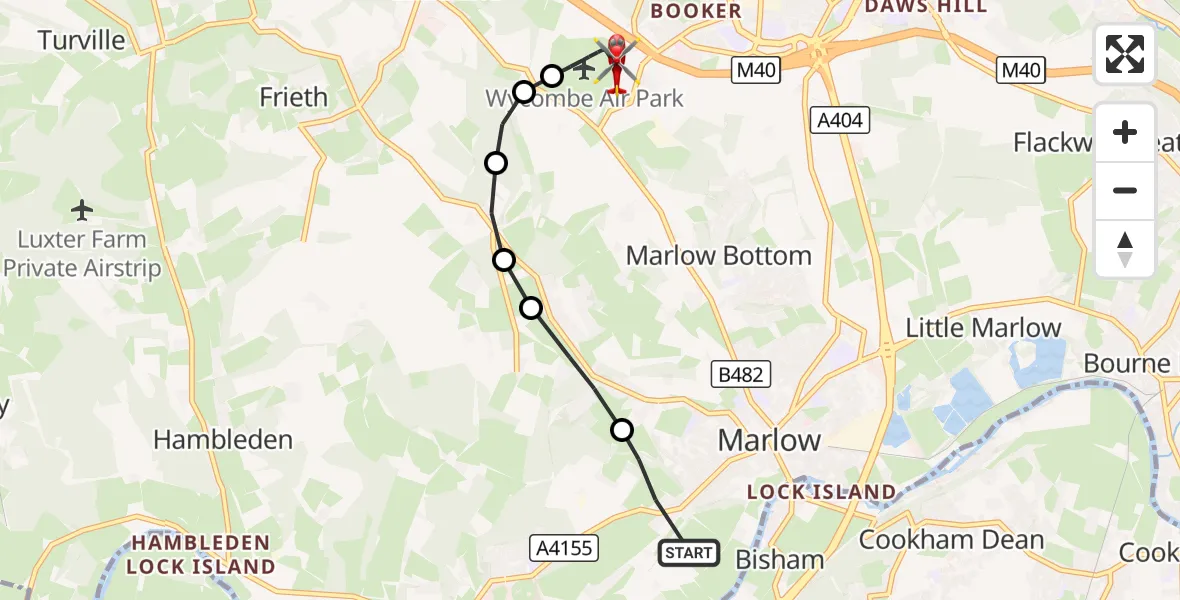 Flight route Air Ambulance Helicopter Marlow - Wycombe Air Park, 21 August 2026, 12:00