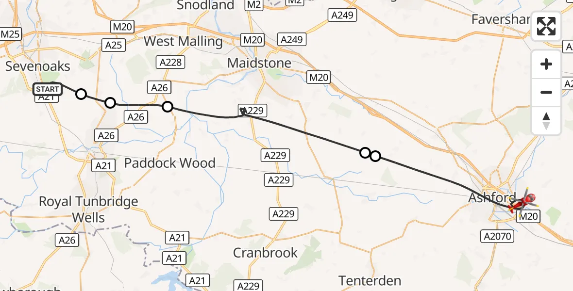 Flight route Air Ambulance Helicopter Sevenoaks - Ashford, 21 August 2026, 12:16