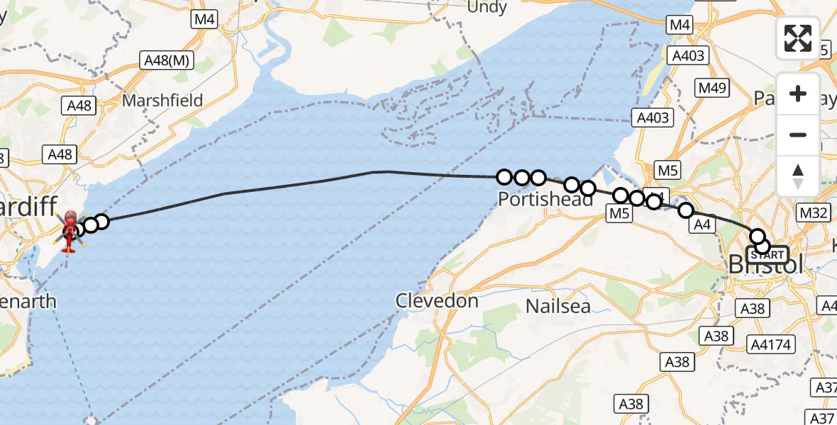Flight route Air Ambulance Helicopter Bristol Royal Infirmary - Cardiff Heliport, 21 August 2026, 12:17