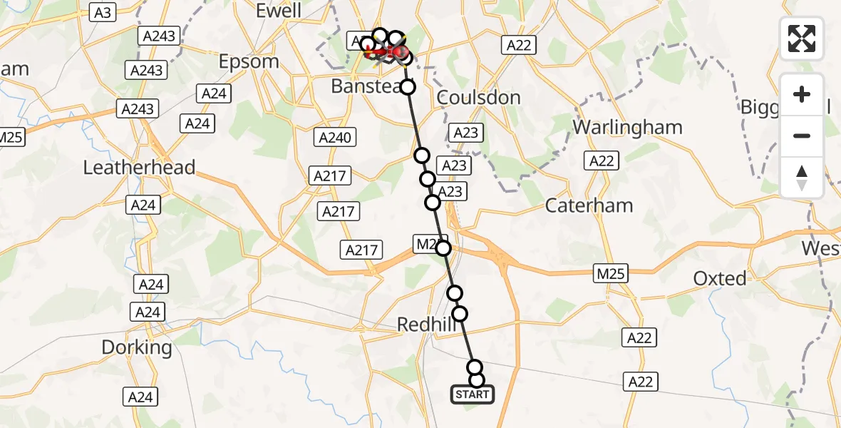 Flight route Air Ambulance Helicopter Redhill Aerodrome - Reigate and Banstead, 21 August 2026, 12:21