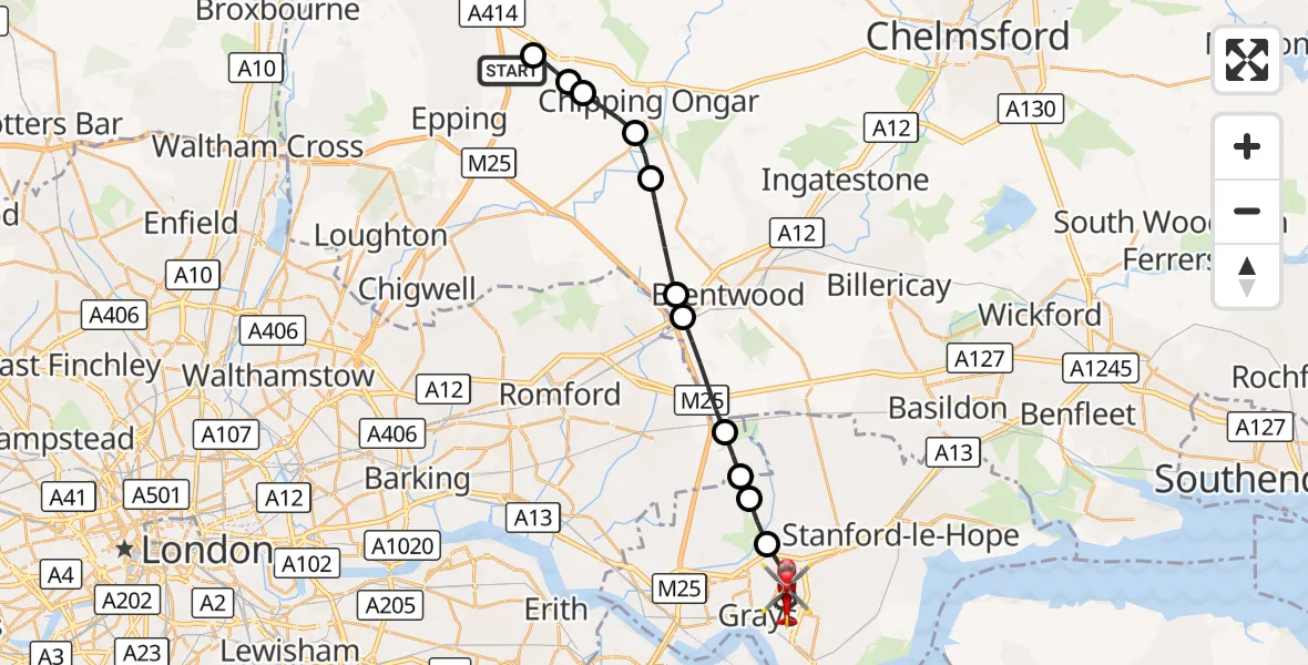Flight route Air Ambulance Helicopter North Weald Airfield - Grays, 21 August 2026, 12:23