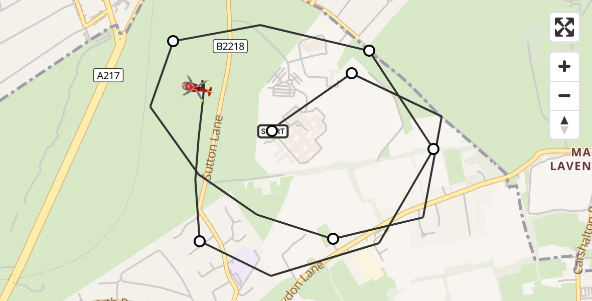 Flight route Air Ambulance Helicopter Woodmansterne - Reigate and Banstead, 21 August 2026, 12:35