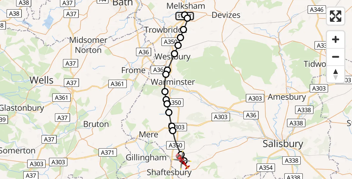 Flight route Air Ambulance Helicopter Wiltshire Air Ambulance - Donhead St Mary, 21 August 2026, 12:36