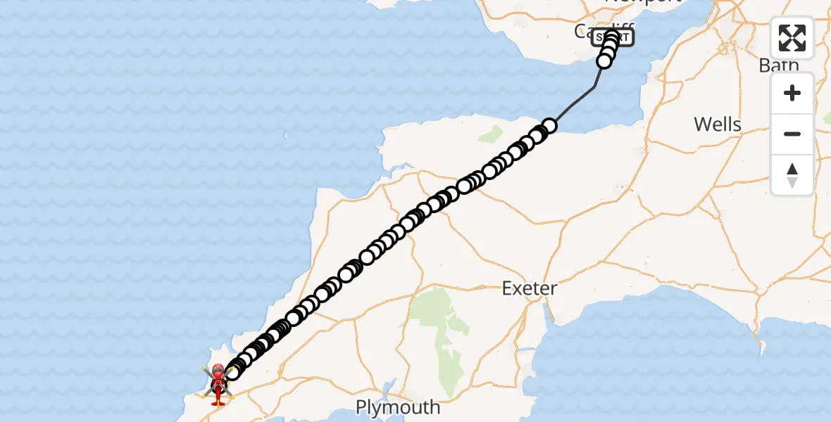 Flight route Air Ambulance Helicopter Cardiff Heliport - Cornwall Airport Newquay, 21 August 2026, 12:49