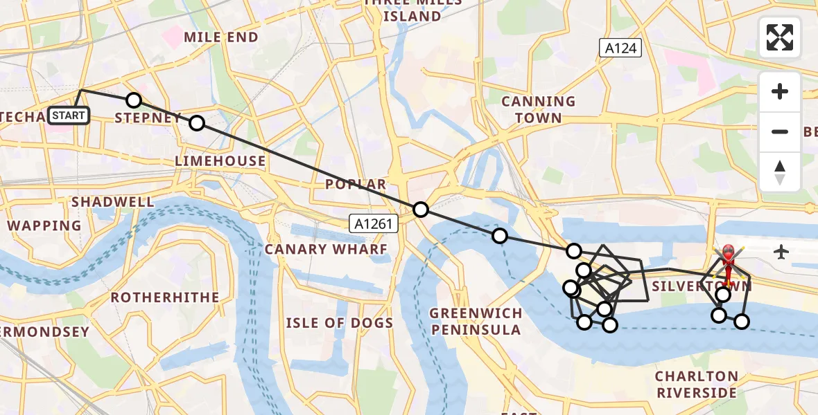 Flight route Air Ambulance Helicopter Royal London Hospital - Silvertown, 21 August 2026, 12:55
