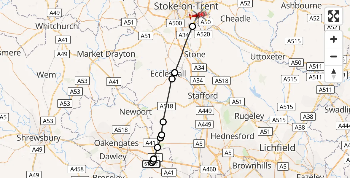 Flight route Air Ambulance Helicopter RAF Cosford - Longton, 21 August 2026, 13:06
