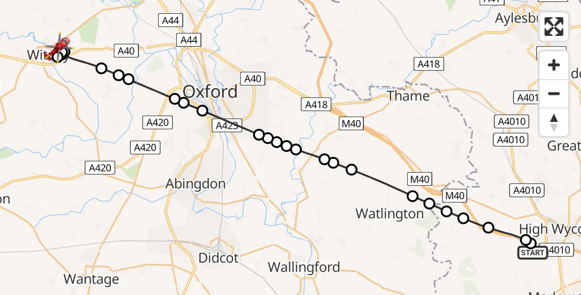 Flight route Air Ambulance Helicopter Wycombe Air Park - Witney, 21 August 2026, 13:19