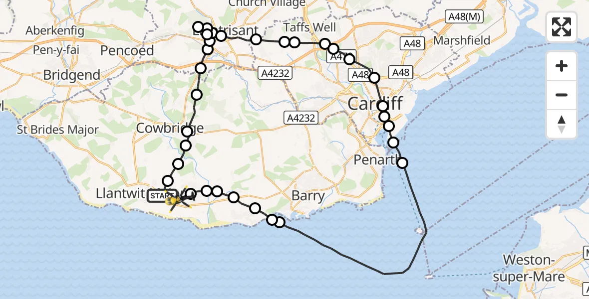 Flight route Police Helicopter Boverton - MOD St Athan, 21 August 2026, 13:26