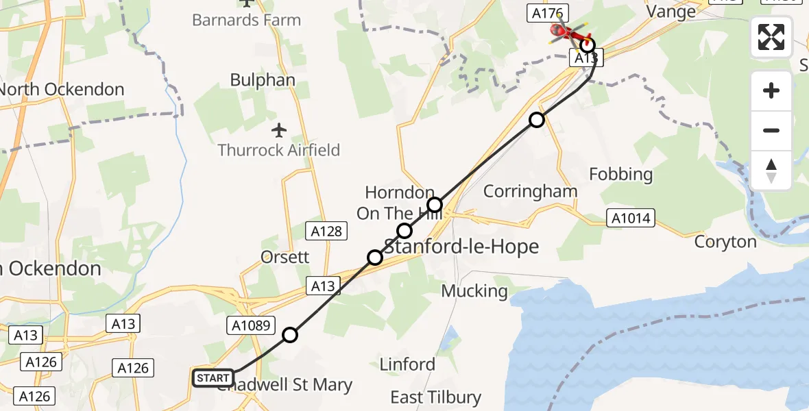 Flight route Air Ambulance Helicopter Grays - Basildon, 21 August 2026, 13:36