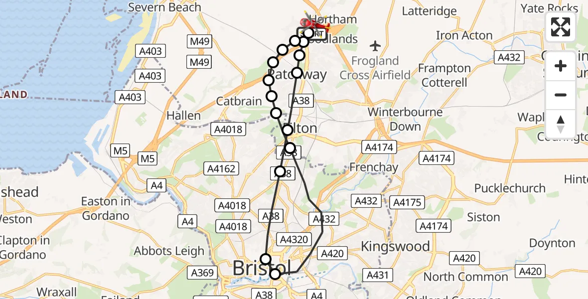 Flight route Air Ambulance Helicopter Almondsbury Helicopter Base - Almondsbury Helicopter Base, 21 August 2026, 13:38