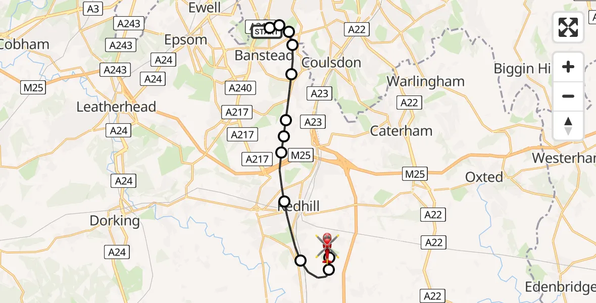 Flight route Air Ambulance Helicopter Reigate and Banstead - Redhill Aerodrome, 21 August 2026, 13:45