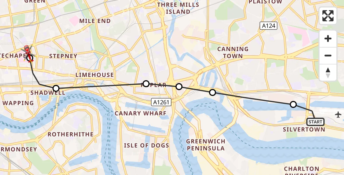 Flight route Air Ambulance Helicopter London City Airport - Royal London Hospital, 21 August 2026, 13:46