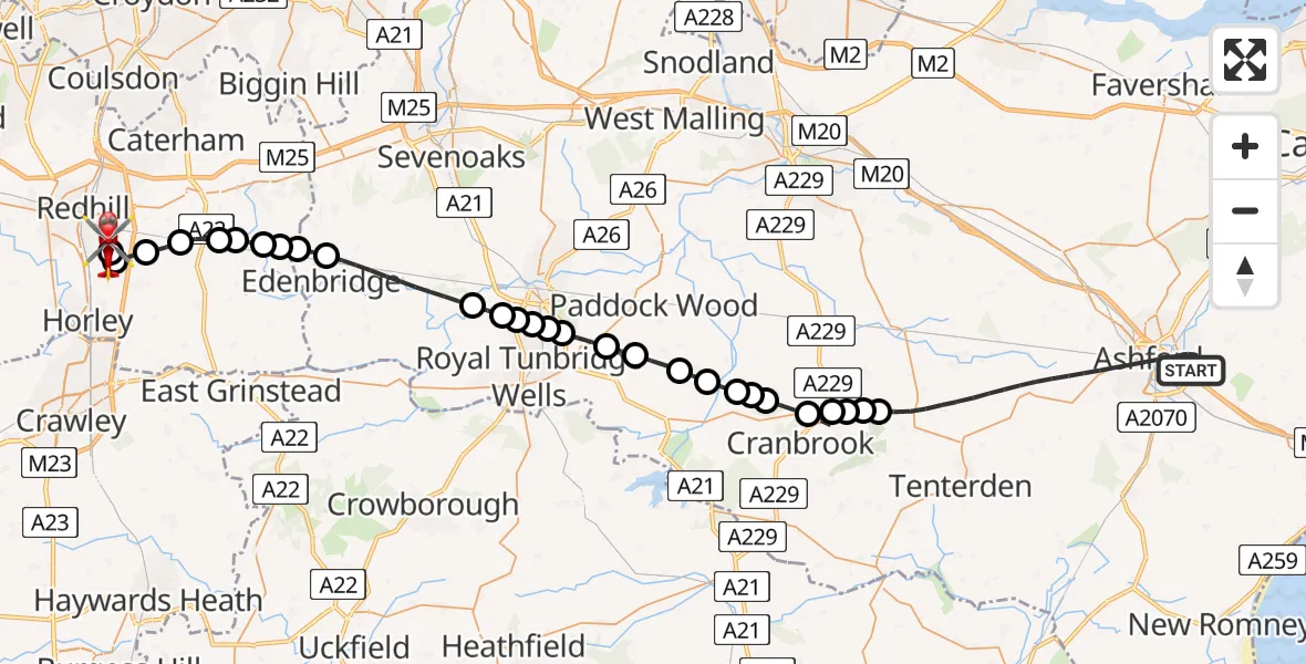 Flight route Air Ambulance Helicopter Ashford - Redhill Aerodrome, 21 August 2026, 13:50