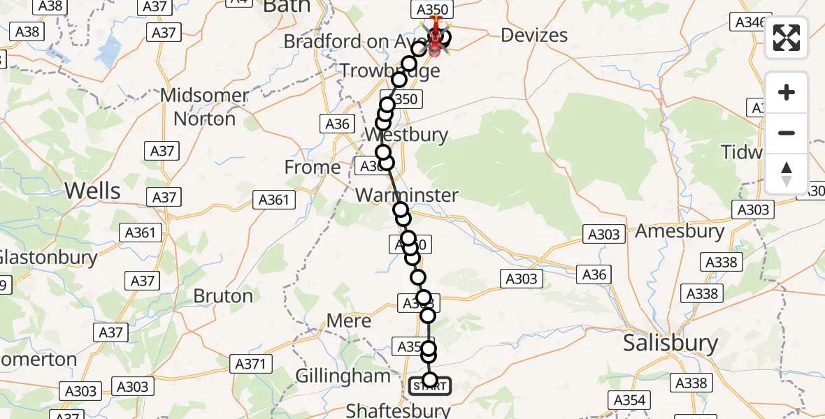 Flight route Air Ambulance Helicopter Donhead St Mary - Wiltshire Air Ambulance, 21 August 2026, 14:07