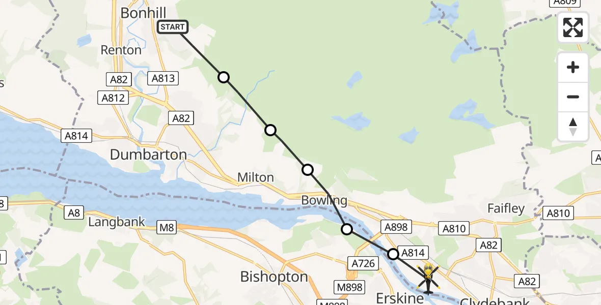 Flight route Police Helicopter Bonhill - Clydebank, 21 August 2026, 14:08