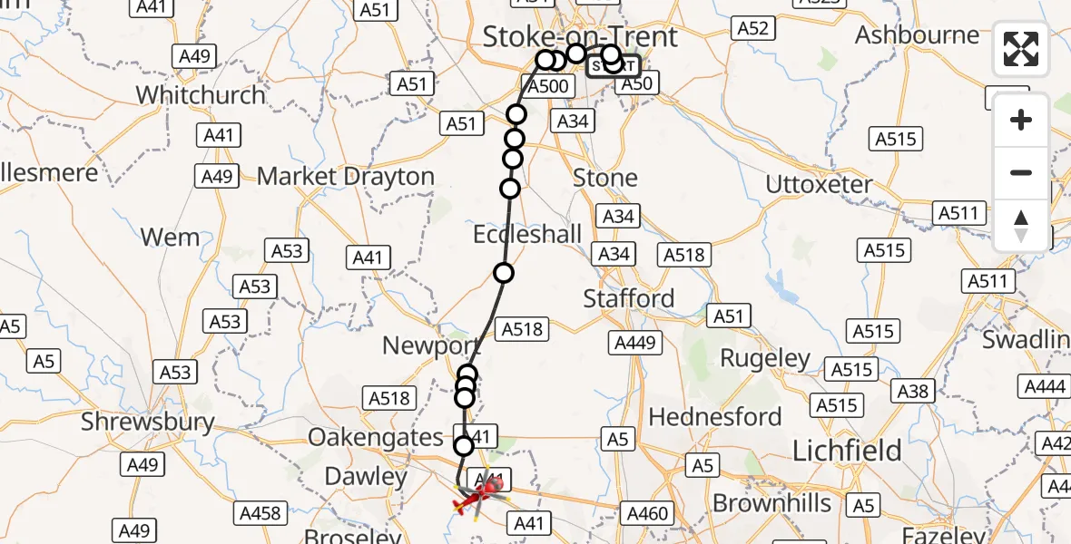 Flight route Air Ambulance Helicopter Longton - Shifnal, 21 August 2026, 14:14