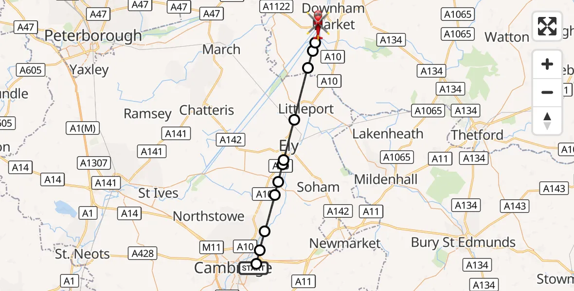 Flight route Air Ambulance Helicopter Cambridge City Airport - King's Lynn and West Norfolk, 21 August 2026, 14:17