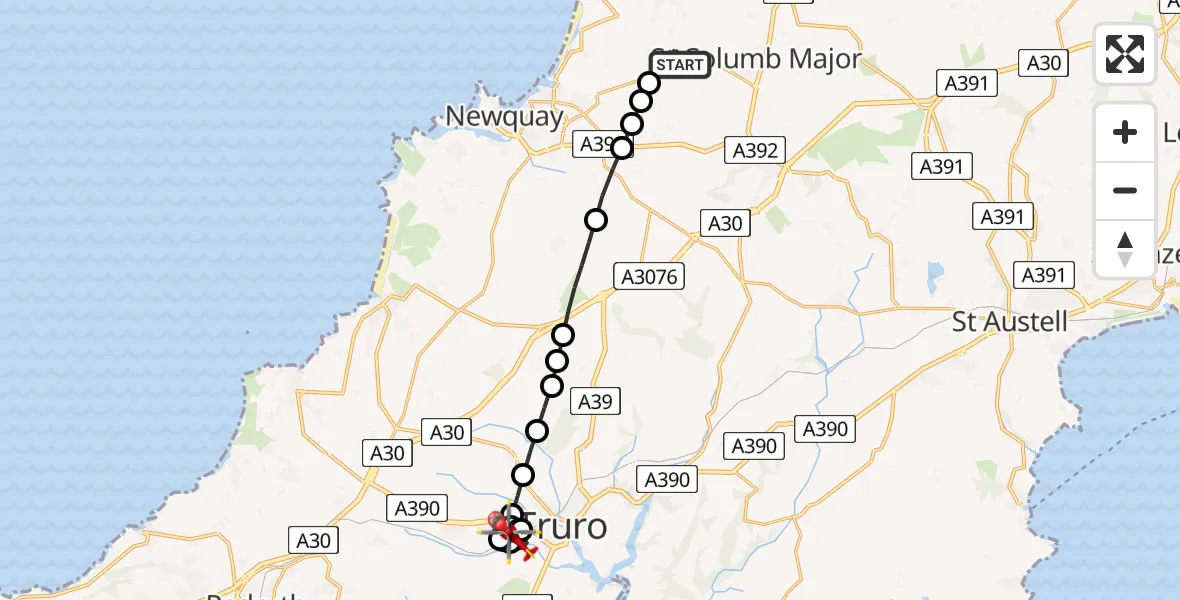 Flight route Air Ambulance Helicopter Cornwall Airport Newquay - Truro, 21 August 2026, 14:21