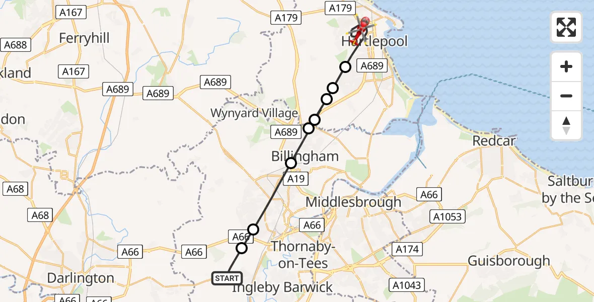 Flight route Air Ambulance Helicopter Egglescliffe - Hartlepool, 21 August 2026, 14:30