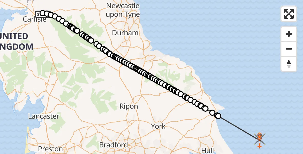 Flight route Coastguard Helicopter Carlisle Lake District Airport - North Sea, 21 August 2026, 14:41