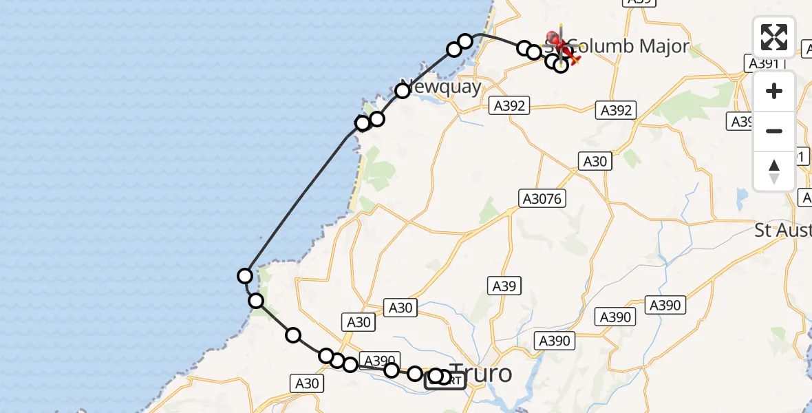 Flight route Air Ambulance Helicopter Truro - Cornwall Airport Newquay, 21 August 2026, 14:45