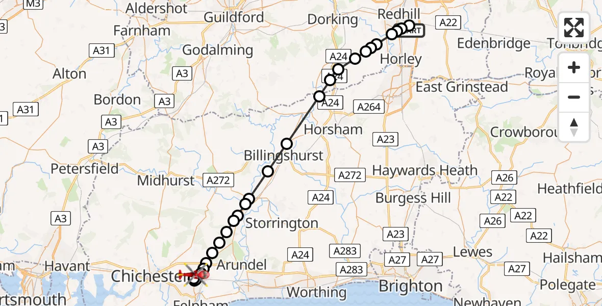 Flight route Air Ambulance Helicopter Redhill Aerodrome - Westergate, 21 August 2026, 14:50