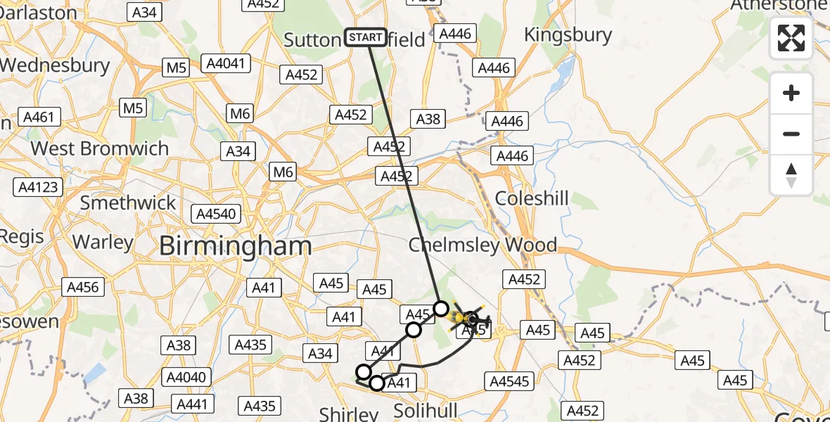 Flight route Police Helicopter Sutton Coldfield - Birmingham Airport, 21 August 2026, 14:56