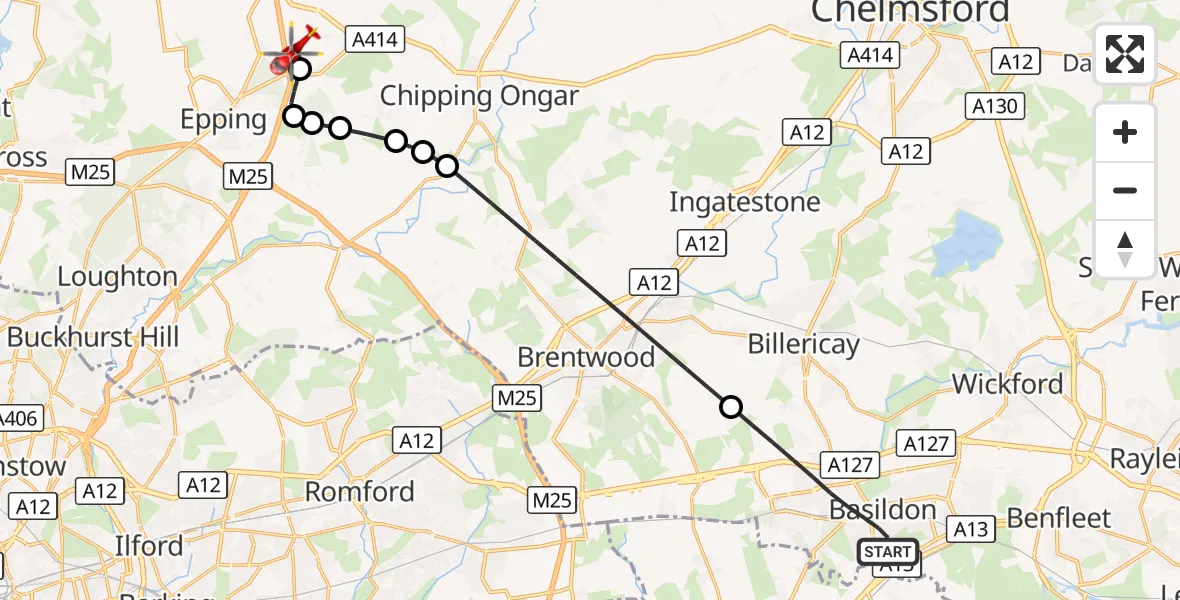 Flight route Air Ambulance Helicopter Basildon - North Weald Airfield, 21 August 2026, 14:56