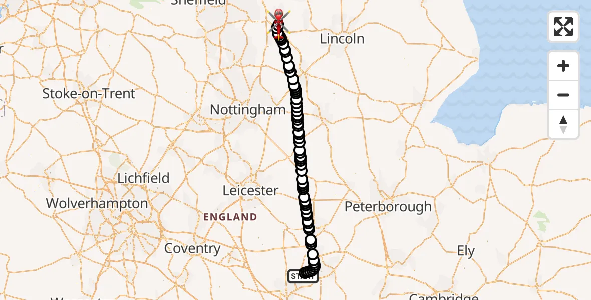 Flight route Air Ambulance Helicopter Sywell Aerodrome - Retford Gamston Airport, 21 August 2026, 15:00