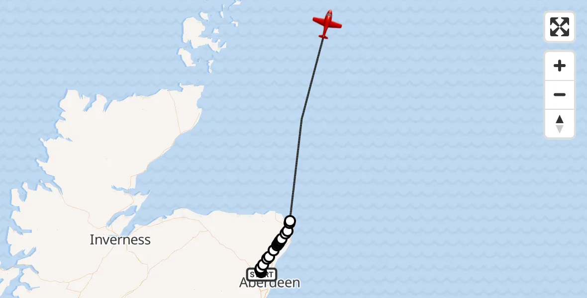 Flight route Air Ambulance Aircraft Aberdeen International Airport - North Sea, 21 August 2026, 15:01