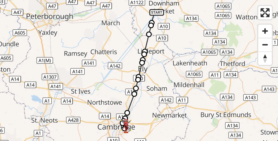 Flight route Air Ambulance Helicopter King's Lynn and West Norfolk - Cambridge City Airport, 21 August 2026, 15:18