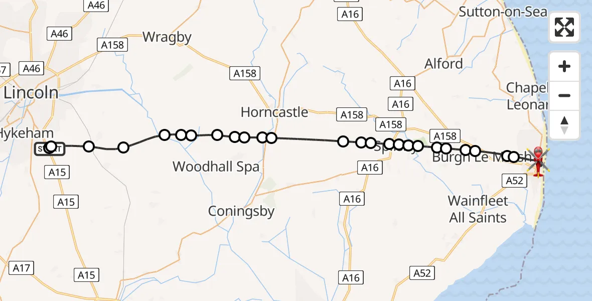Flight route Air Ambulance Helicopter RAF Waddington - Skegness, 21 August 2026, 15:24