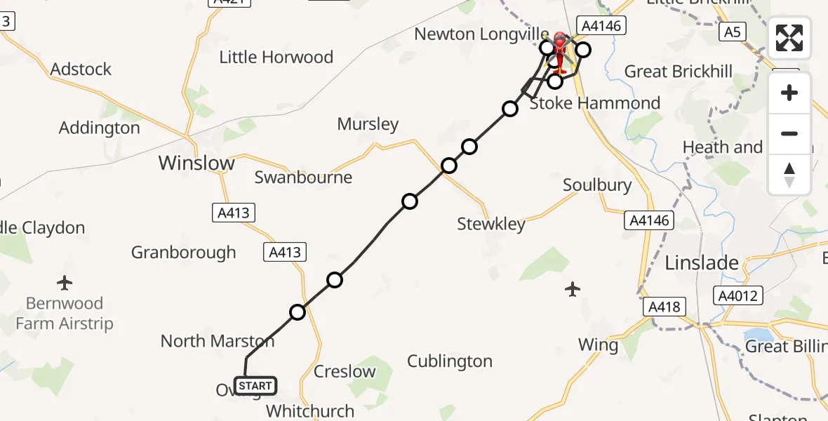Flight route Air Ambulance Helicopter Oving - Bletchley, 21 August 2026, 15:35