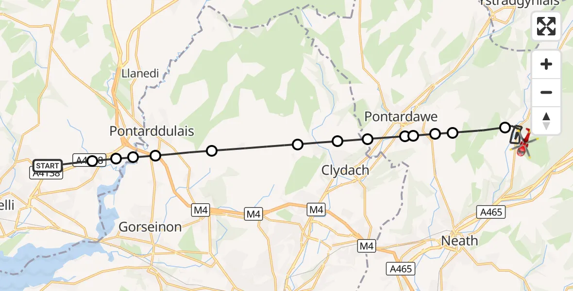 Flight route Air Ambulance Helicopter Dafen - Crynant, 21 August 2026, 15:41