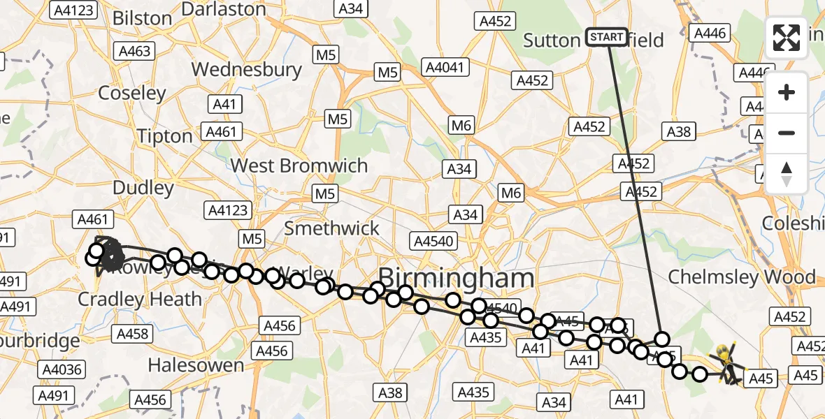 Flight route Police Helicopter Sutton Coldfield - Birmingham Airport, 21 August 2026, 15:48