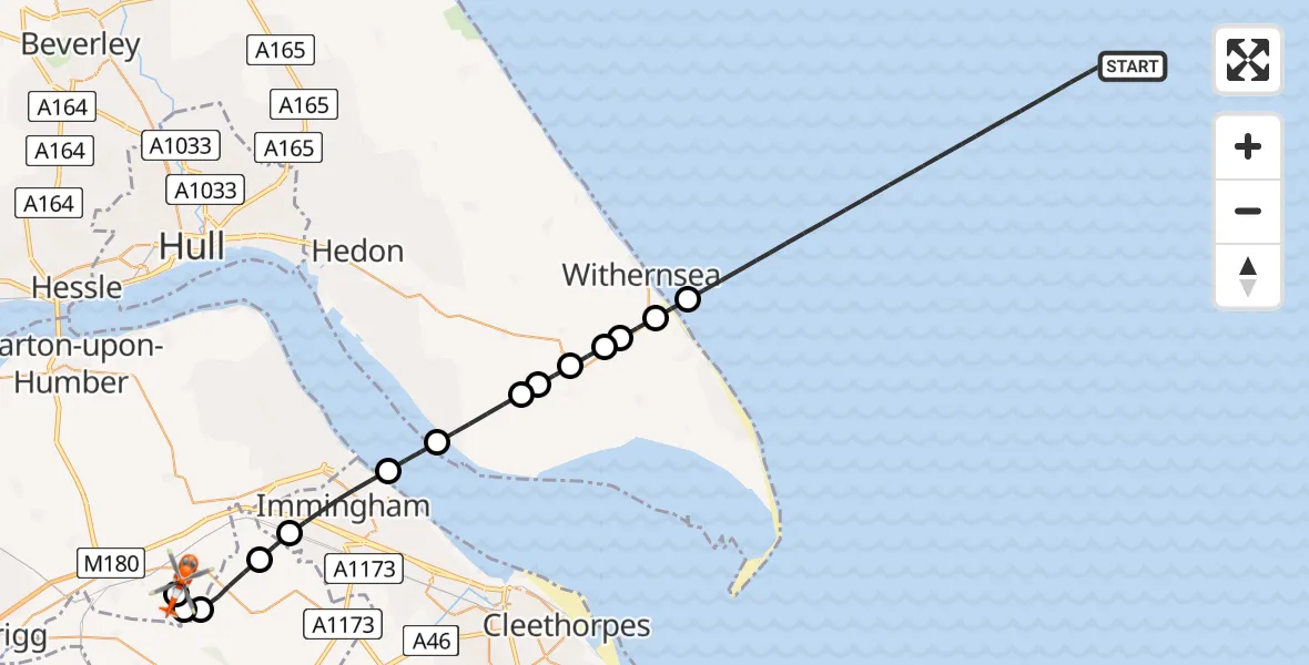 Flight route Coastguard Helicopter North Sea - Humberside Airport, 21 August 2026, 15:48