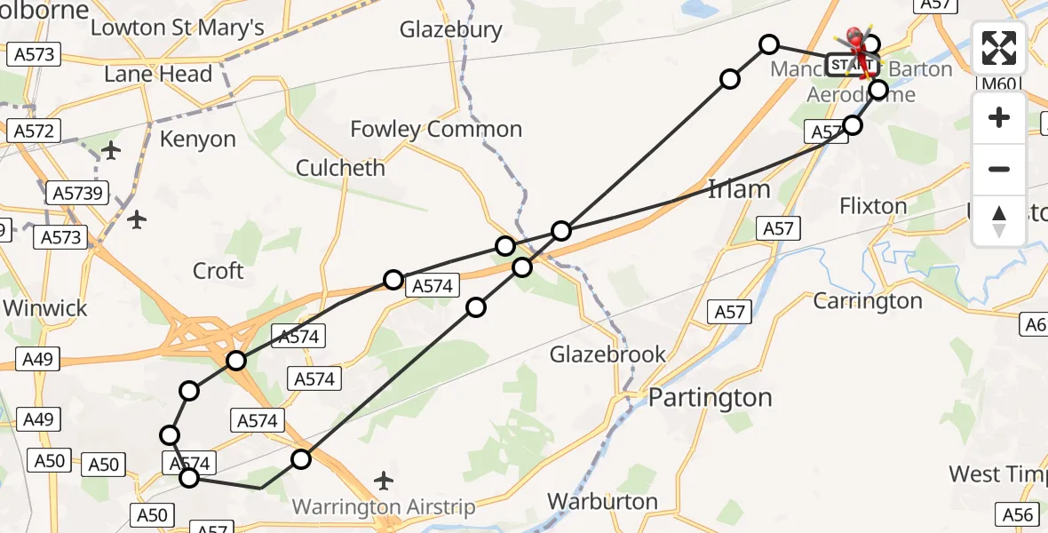 Flight route Air Ambulance Helicopter Manchester Barton Aerodrome - Manchester Barton Aerodrome, 21 August 2026, 16:02