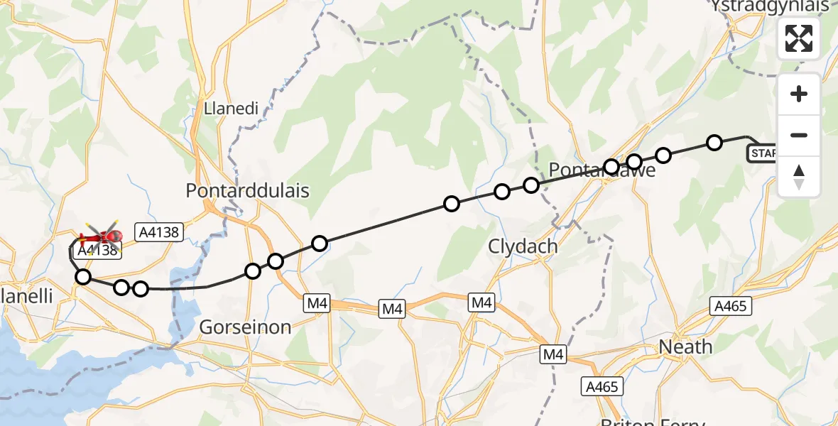 Flight route Air Ambulance Helicopter Crynant - Dafen, 21 August 2026, 16:17