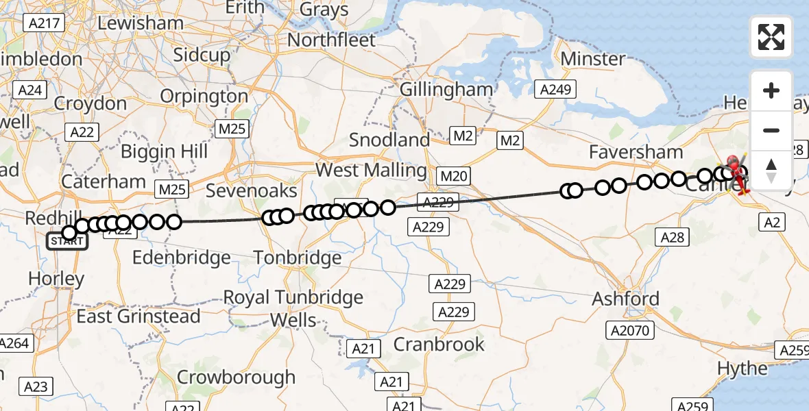 Flight route Air Ambulance Helicopter Redhill Aerodrome - Harbledown, 21 August 2026, 16:36